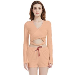 Peach Fuzz 2024 Velvet Wrap Crop Top And Shorts Set by dressshop