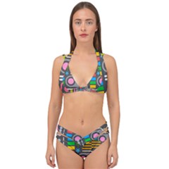 Pattern Geometric Abstract Colorful Arrows Lines Circles Triangles Double Strap Halter Bikini Set