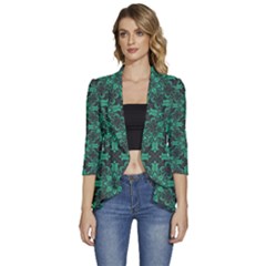 Green Damask Pattern Vintage Floral Pattern, Green Vintage Women s 3/4 Sleeve Ruffle Edge Open Front Jacket