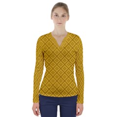 Yellow Floral Pattern Vintage Pattern, Yellow Background V-neck Long Sleeve Top by nateshop