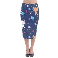 Cute Astronaut Cat With Star Galaxy Elements Seamless Pattern Velvet Midi Pencil Skirt