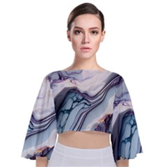 Marble Abstract White Pink Dark Tie Back Butterfly Sleeve Chiffon Top by Grandong