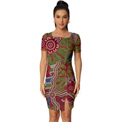 Authentic Aboriginal Art - Connections Fitted Knot Split End Bodycon Dress by hogartharts