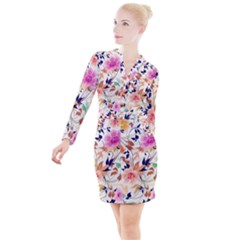 Abstract Floral Background Button Long Sleeve Dress