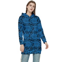 Blue Floral Pattern Floral Greek Ornaments Women s Long Oversized Pullover Hoodie by nateshop