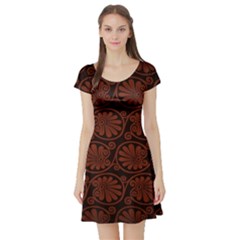 Brown Floral Pattern Floral Greek Ornaments Short Sleeve Skater Dress