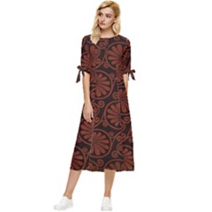 Brown Floral Pattern Floral Greek Ornaments Bow Sleeve Chiffon Midi Dress by nateshop