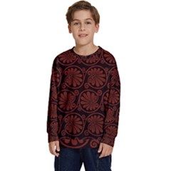 Brown Floral Pattern Floral Greek Ornaments Kids  Crewneck Sweatshirt by nateshop