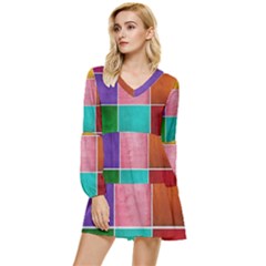 Colorful Squares, Abstract, Art, Background Tiered Long Sleeve Mini Dress