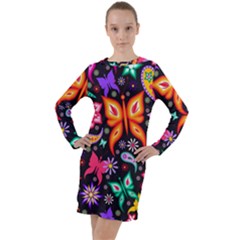 Floral Butterflies Long Sleeve Hoodie Dress by nateshop