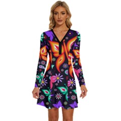 Floral Butterflies Long Sleeve Deep V Mini Dress 