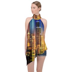 Skyline Light Rays Gloss Upgrade Halter Asymmetric Satin Top by Cemarart