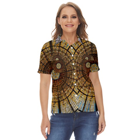 Barcelona Stained Glass Window Women s Short Sleeve Double Pocket Shirt by Cemarart