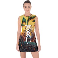 Art Paint Landscape Mountain Lace Up Front Bodycon Dress by Cemarart