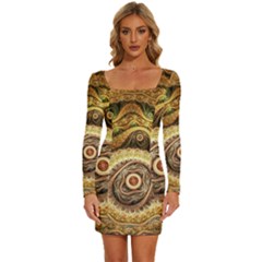 Fractals, Floral Ornaments, Waves Long Sleeve Square Neck Bodycon Velvet Dress