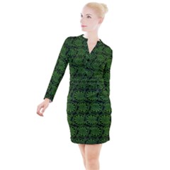 Green Floral Pattern Floral Greek Ornaments Button Long Sleeve Dress