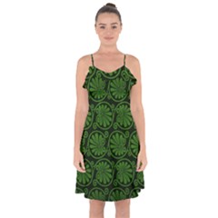 Green Floral Pattern Floral Greek Ornaments Ruffle Detail Chiffon Dress