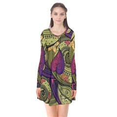 Green Paisley Background, Artwork, Paisley Patterns Long Sleeve V-neck Flare Dress by nateshop