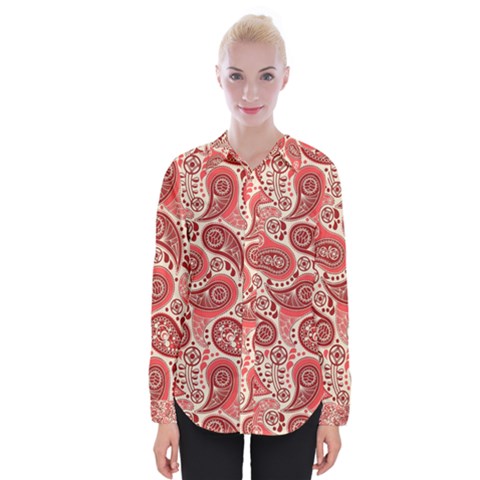 Paisley Red Ornament Texture Womens Long Sleeve Shirt by nateshop