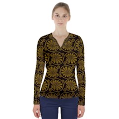 Yellow Floral Pattern Floral Greek Ornaments V-neck Long Sleeve Top by nateshop