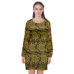 Yellow Floral Pattern Floral Greek Ornaments Long Sleeve Chiffon Shift Dress 