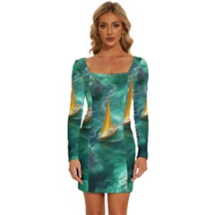 Dolphin Swimming Sea Ocean Long Sleeve Square Neck Bodycon Velvet Dress by Cemarart