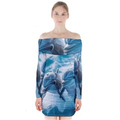 Dolphin Swimming Sea Ocean Long Sleeve Off Shoulder Dress by Cemarart