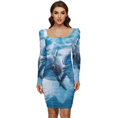 Dolphin Swimming Sea Ocean Women Long Sleeve Ruched Stretch Jersey Dress by Cemarart