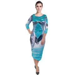 Dolphins Sea Ocean Quarter Sleeve Midi Velour Bodycon Dress by Cemarart