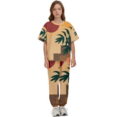 Arch Stairs Sun Branches Leaves Boho Bohemian Botanical Minimalist Nature Kids  T-shirt And Pants Sports Set by Grandong