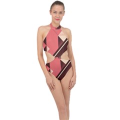 Retro Abstract Background, Brown-pink Geometric Background Halter Side Cut Swimsuit by nateshop