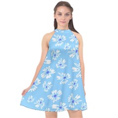 Flowers Pattern Print Floral Cute Halter Neckline Chiffon Dress 