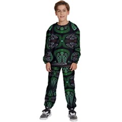 Fractal Green Black 3d Art Floral Pattern Kids  Sweatshirt Set by Cemarart