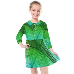 3d Leaves Texture Sheet Blue Green Kids  Quarter Sleeve Shirt Dress