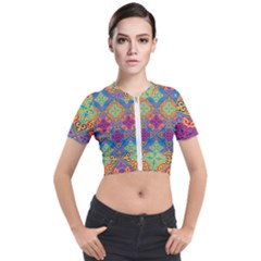 Colorful Flora Flora Kazakh Pattern Short Sleeve Cropped Jacket by Cemarart