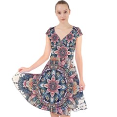 Floral Pattern Flowers Cap Sleeve Front Wrap Midi Dress