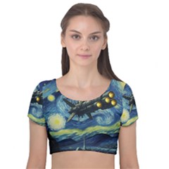 Spaceship Starry Night Van Gogh Painting Velvet Short Sleeve Crop Top 