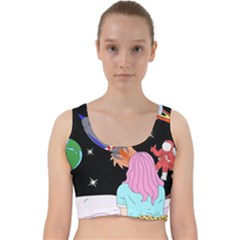 Girl Bed Space Planets Spaceship Rocket Astronaut Galaxy Universe Cosmos Woman Dream Imagination Bed Velvet Racer Back Crop Top