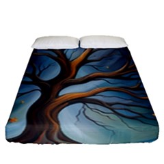 Tree Branches Mystical Moon Expressionist Oil Painting Acrylic Painting Abstract Nature Moonlight Ni Fitted Sheet (queen Size) by Maspions