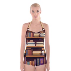 Book Nook Books Bookshelves Comfortable Cozy Literature Library Study Reading Room Fiction Entertain Boyleg Halter Swimsuit 