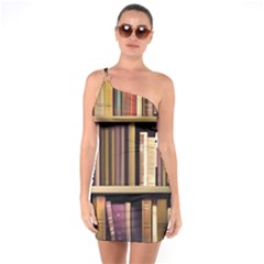 Books Bookshelves Office Fantasy Background Artwork Book Cover Apothecary Book Nook Literature Libra One Shoulder Ring Trim Bodycon Dress by Grandong