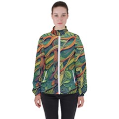 Outdoors Night Setting Scene Forest Woods Light Moonlight Nature Wilderness Leaves Branches Abstract Women s High Neck Windbreaker by Grandong