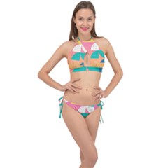 Abstract Geometric Bauhaus Polka Dots Retro Memphis Art Cross Front Halter Bikini Set