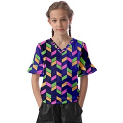 Background Pattern Geometric Pink Yellow Green Kids  V-neck Horn Sleeve Blouse