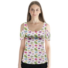 Pattern Flowers Leaves Green Purple Pink Butterfly Sleeve Cutout T-shirt 