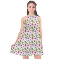 Pattern Flowers Leaves Green Purple Pink Halter Neckline Chiffon Dress 