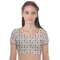 Pattern Flowers Leaves Green Purple Pink Velvet Short Sleeve Crop Top 