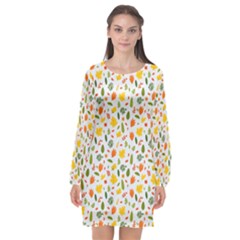 Background Pattern Flowers Leaves Autumn Fall Colorful Leaves Foliage Long Sleeve Chiffon Shift Dress 