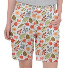 Background Pattern Flowers Design Leaves Autumn Daisy Fall Women s Pocket Shorts