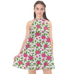 Flowers Leaves Roses Pattern Floral Nature Background Halter Neckline Chiffon Dress 